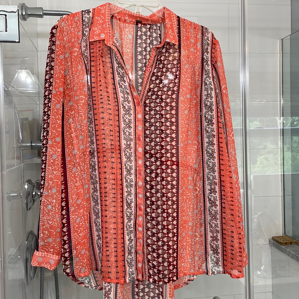 Free People Floral Sheer Blouse. Button down, optional tie